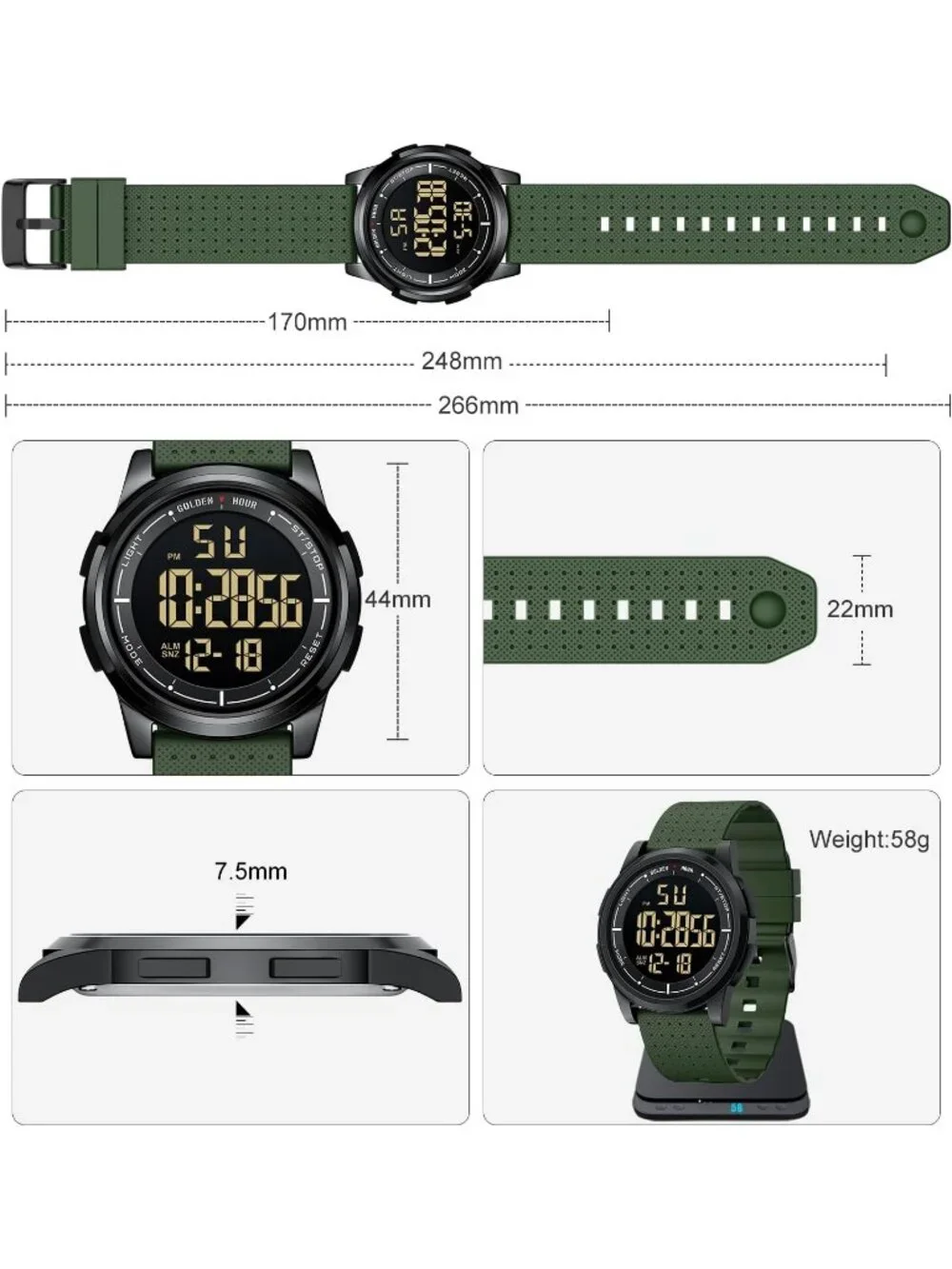 Men's Army Green Rubber Strap Ultra-Thin Minimalist Waterproof Digital Watch